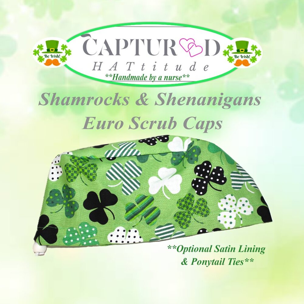 NWOT St. Patricks Day Patterned ShamrocksWomens Euro Scrub Cap - Handmade